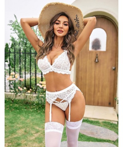 Women Garter Lingerie Set 3 Piece Lace Bra and Panty Set with Garter Blet Sexy Bralette Set White $12.03 Lingerie