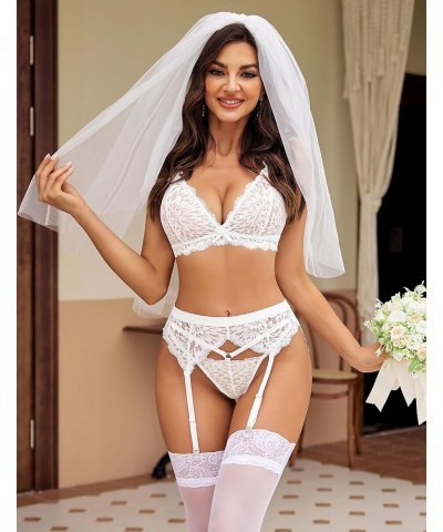 Women Garter Lingerie Set 3 Piece Lace Bra and Panty Set with Garter Blet Sexy Bralette Set White $12.03 Lingerie