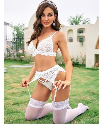 Women Garter Lingerie Set 3 Piece Lace Bra and Panty Set with Garter Blet Sexy Bralette Set White $12.03 Lingerie