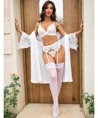 Women Garter Lingerie Set 3 Piece Lace Bra and Panty Set with Garter Blet Sexy Bralette Set White $12.03 Lingerie