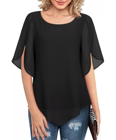 Women's Loose Half Split Sleeve Double-Layered Tops Chiffon Scoop Neck Dressy Blouse Flowy Shirts Black $17.84 Blouses