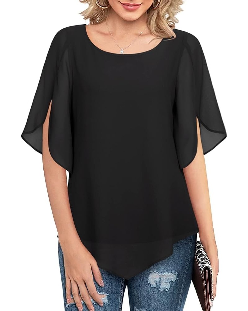 Women's Loose Half Split Sleeve Double-Layered Tops Chiffon Scoop Neck Dressy Blouse Flowy Shirts Black $17.84 Blouses