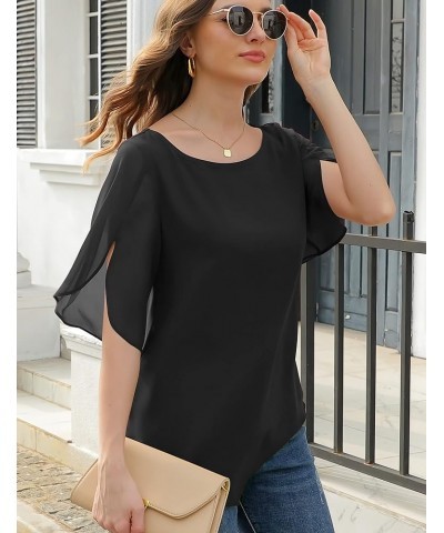 Women's Loose Half Split Sleeve Double-Layered Tops Chiffon Scoop Neck Dressy Blouse Flowy Shirts Black $17.84 Blouses