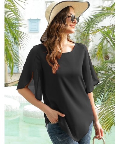 Women's Loose Half Split Sleeve Double-Layered Tops Chiffon Scoop Neck Dressy Blouse Flowy Shirts Black $17.84 Blouses