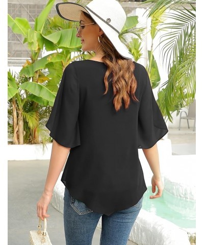 Women's Loose Half Split Sleeve Double-Layered Tops Chiffon Scoop Neck Dressy Blouse Flowy Shirts Black $17.84 Blouses