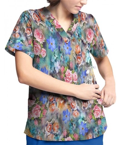 Scrub Top Tops Scrub Tops for Women Short Sleeve Working Uniform with Pocket 03-pink $9.12 Tops