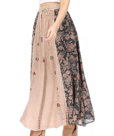 Maran Women's Boho Embroidery Skirt with Lace Elastic Waist and Pockets Beige $22.94 Skirts