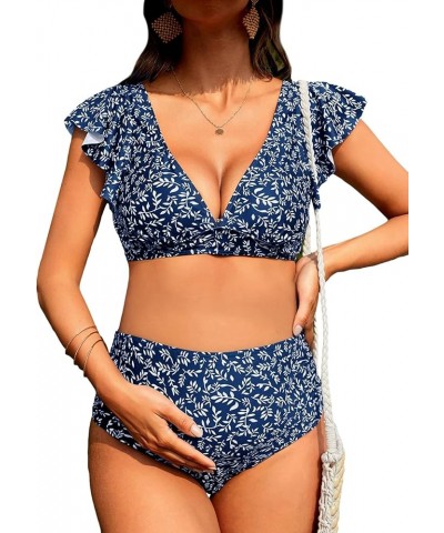 Women's Maternity Two Piece Swimsuit Floral Ruffle Sleeve High Waisted Bikini Set Navy Blue $19.24 Swimsuits