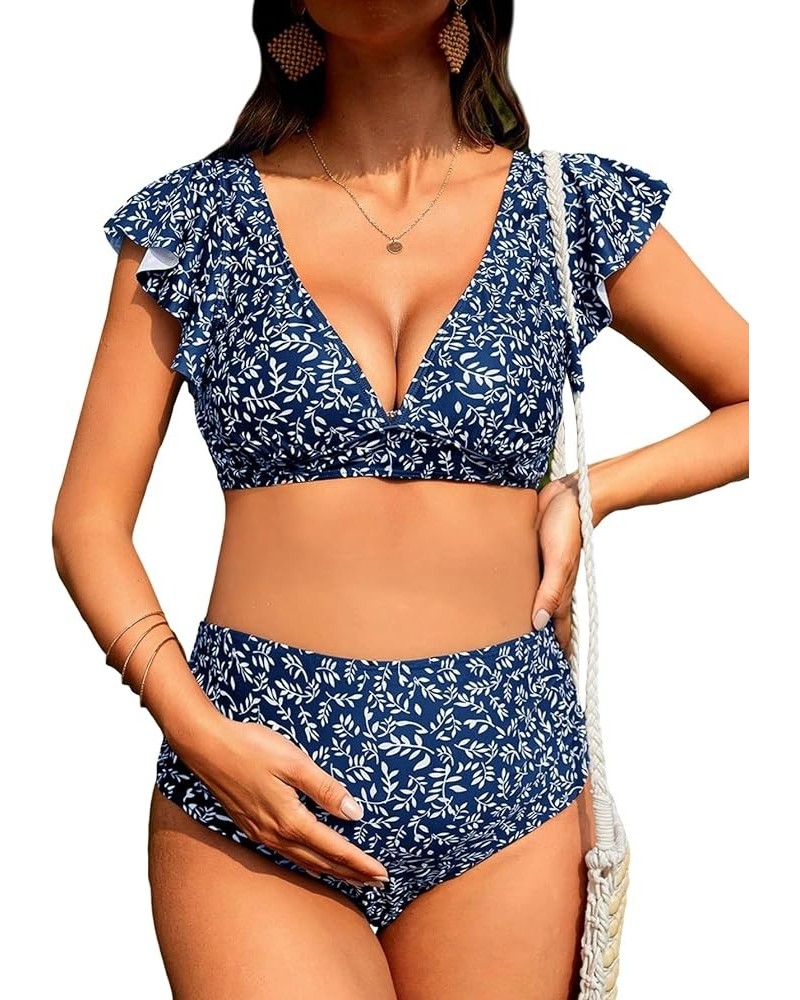 Women's Maternity Two Piece Swimsuit Floral Ruffle Sleeve High Waisted Bikini Set Navy Blue $19.24 Swimsuits