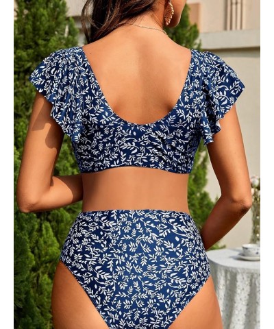 Women's Maternity Two Piece Swimsuit Floral Ruffle Sleeve High Waisted Bikini Set Navy Blue $19.24 Swimsuits