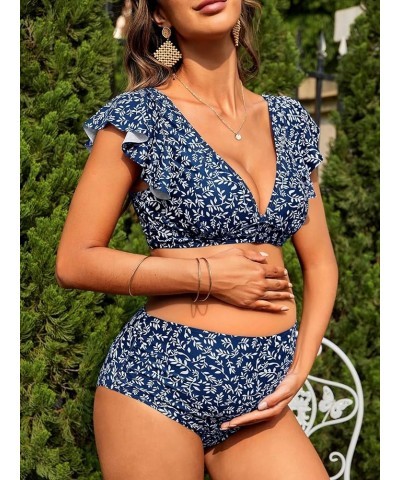 Women's Maternity Two Piece Swimsuit Floral Ruffle Sleeve High Waisted Bikini Set Navy Blue $19.24 Swimsuits