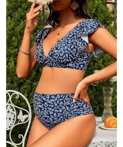 Women's Maternity Two Piece Swimsuit Floral Ruffle Sleeve High Waisted Bikini Set Navy Blue $19.24 Swimsuits