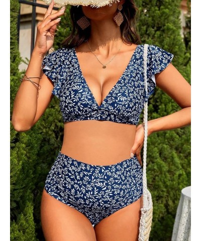 Women's Maternity Two Piece Swimsuit Floral Ruffle Sleeve High Waisted Bikini Set Navy Blue $19.24 Swimsuits