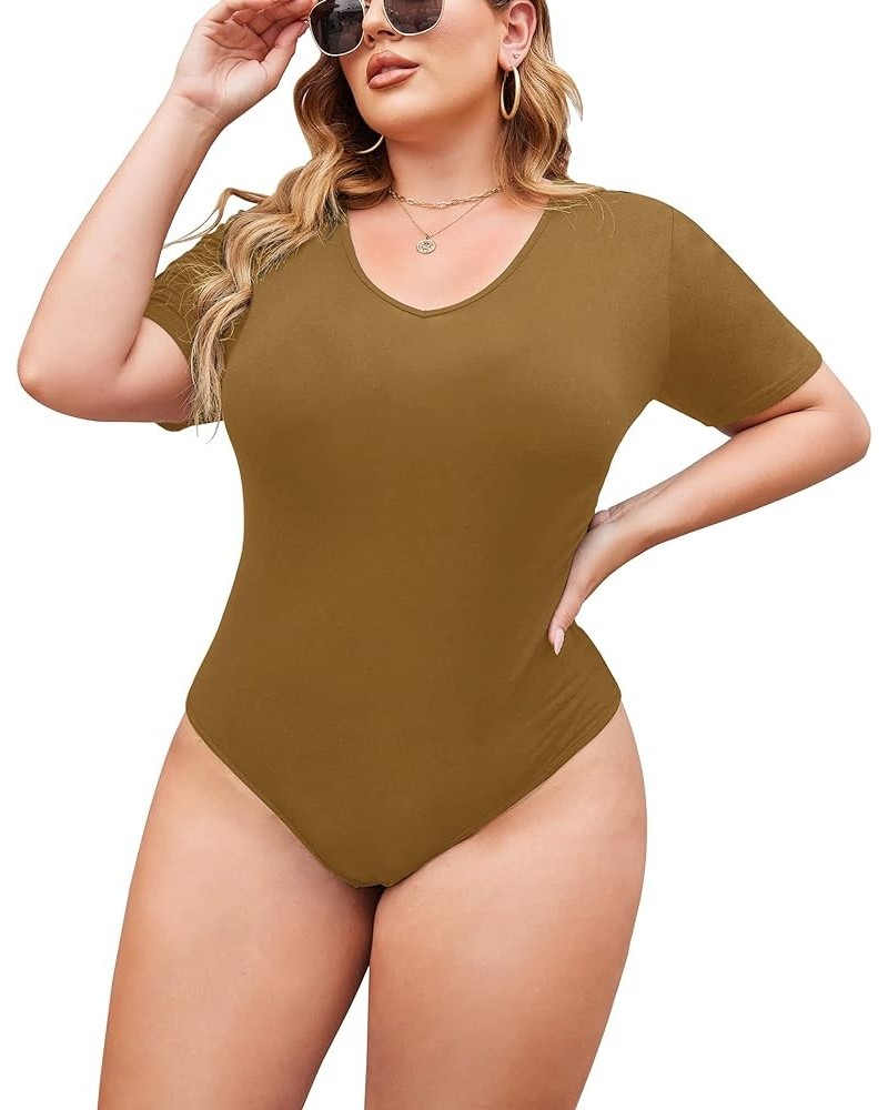 Women's Bodysuit Plus Size Short Sleeve Scoop Neck Bodysuit Basic Top T Shirt Leotards Jumpsuits Camel $10.75 Bodysuits