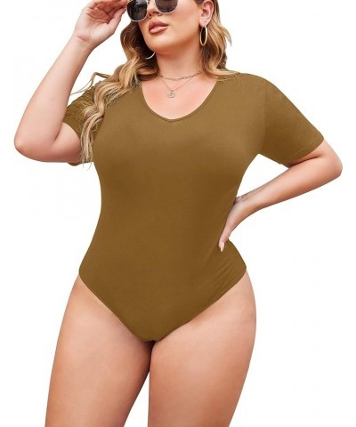 Women's Bodysuit Plus Size Short Sleeve Scoop Neck Bodysuit Basic Top T Shirt Leotards Jumpsuits Camel $10.75 Bodysuits