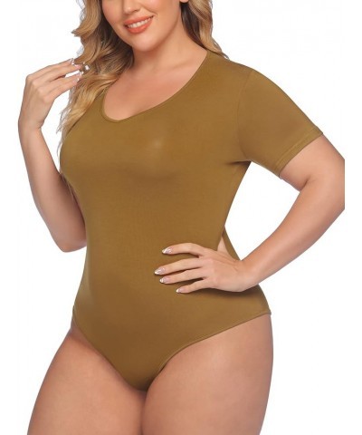 Women's Bodysuit Plus Size Short Sleeve Scoop Neck Bodysuit Basic Top T Shirt Leotards Jumpsuits Camel $10.75 Bodysuits