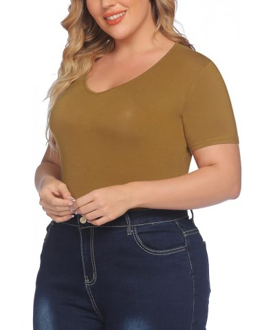 Women's Bodysuit Plus Size Short Sleeve Scoop Neck Bodysuit Basic Top T Shirt Leotards Jumpsuits Camel $10.75 Bodysuits