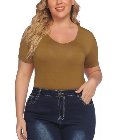 Women's Bodysuit Plus Size Short Sleeve Scoop Neck Bodysuit Basic Top T Shirt Leotards Jumpsuits Camel $10.75 Bodysuits