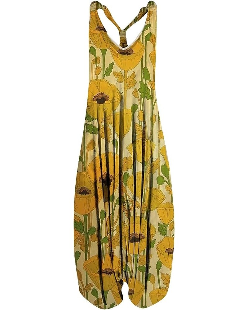 Jumpsuits for Women Summer Boho Print Casual Loose Sleeveless Racerback Spaghetti Straps Harem Pants Jumpsuit Romper D-yellow...