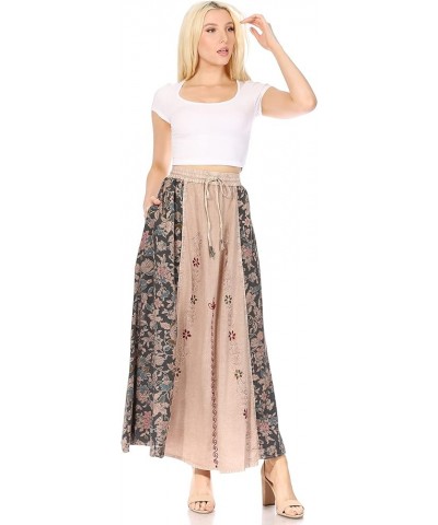 Maran Women's Boho Embroidery Skirt with Lace Elastic Waist and Pockets Beige $22.94 Skirts