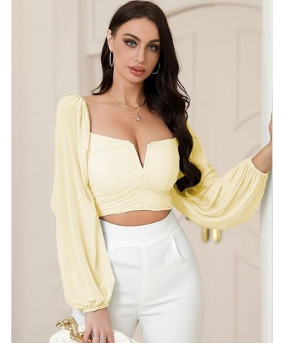 Women's Tops Ruched V Neck Casual Mesh Lantern Long Sleeve Crop Tops Blouse 11lemon Chiffon $10.91 Blouses