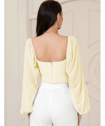 Women's Tops Ruched V Neck Casual Mesh Lantern Long Sleeve Crop Tops Blouse 11lemon Chiffon $10.91 Blouses