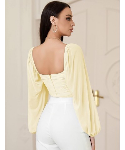 Women's Tops Ruched V Neck Casual Mesh Lantern Long Sleeve Crop Tops Blouse 11lemon Chiffon $10.91 Blouses