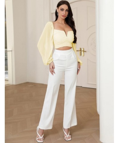 Women's Tops Ruched V Neck Casual Mesh Lantern Long Sleeve Crop Tops Blouse 11lemon Chiffon $10.91 Blouses