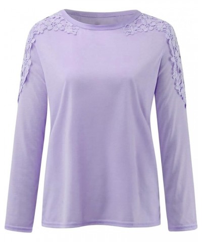 Long Sleeve Formals Cool Top Ladies Full Autumn Loose Thin T-Shirts Womens Solid Color Crew-Neck Lightweight Pattern 4-purple...