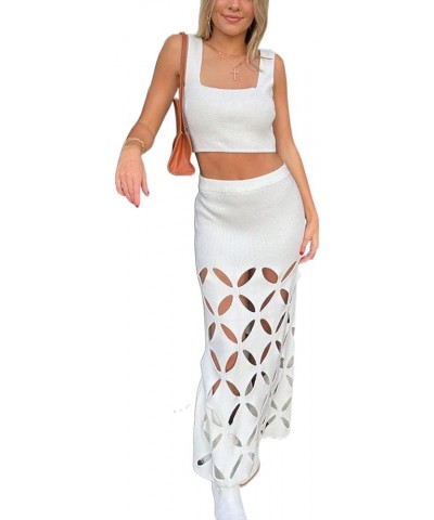 Women's Knitted 2 Piece Outfits Sleeveless Tank Crop Top and Cut Out Midi Skirts Summer Beach Dress Sets White $13.25 Others