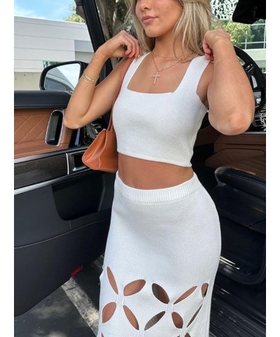 Women's Knitted 2 Piece Outfits Sleeveless Tank Crop Top and Cut Out Midi Skirts Summer Beach Dress Sets White $13.25 Others