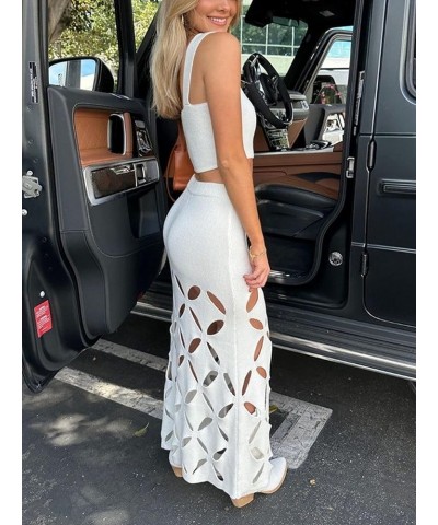 Women's Knitted 2 Piece Outfits Sleeveless Tank Crop Top and Cut Out Midi Skirts Summer Beach Dress Sets White $13.25 Others