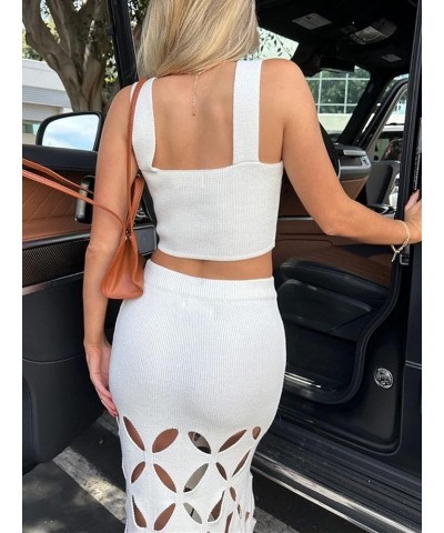 Women's Knitted 2 Piece Outfits Sleeveless Tank Crop Top and Cut Out Midi Skirts Summer Beach Dress Sets White $13.25 Others