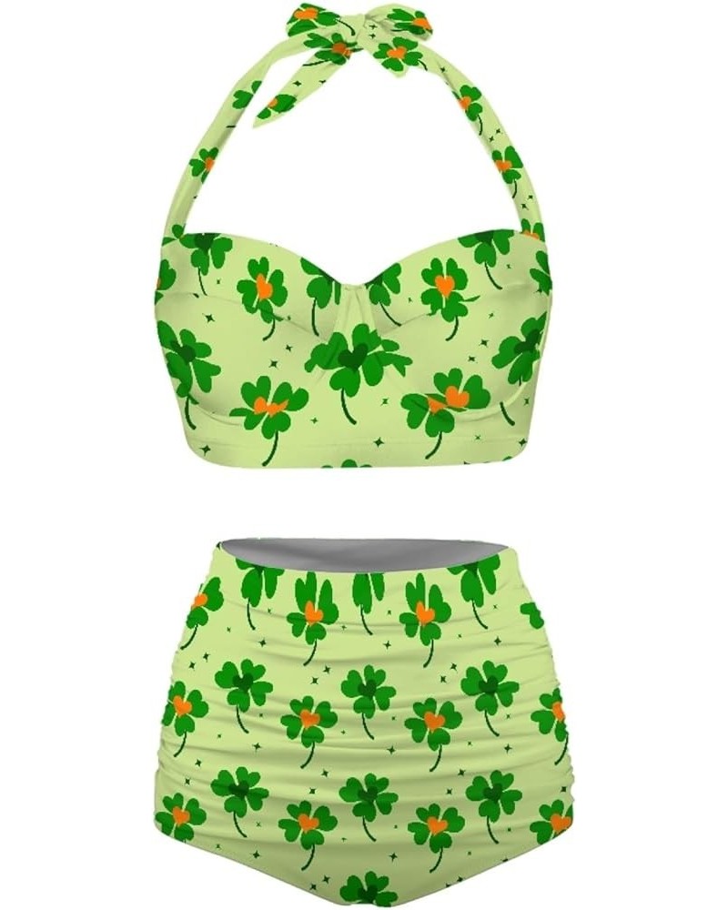 Womens Two Pieces Bikini Set Swimsuits High Waisted Bathing Suits Halter Ruched Bikini St Patricks Day Leaf $15.40 Swimsuits