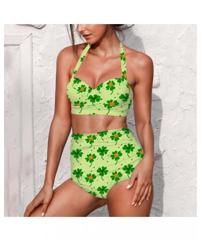 Womens Two Pieces Bikini Set Swimsuits High Waisted Bathing Suits Halter Ruched Bikini St Patricks Day Leaf $15.40 Swimsuits