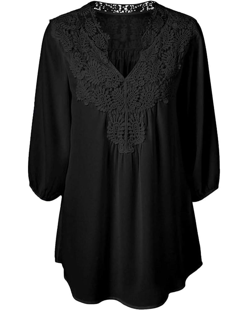 Women Chiffon Lace V Neck 3/4 Sleeve Solid Color Top Blouse Shirts Black $12.75 Tops