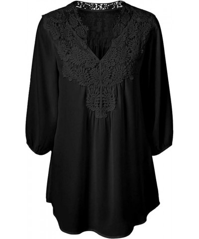 Women Chiffon Lace V Neck 3/4 Sleeve Solid Color Top Blouse Shirts Black $12.75 Tops