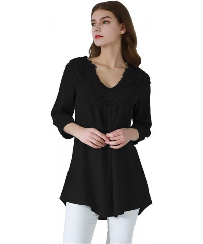 Women Chiffon Lace V Neck 3/4 Sleeve Solid Color Top Blouse Shirts Black $12.75 Tops