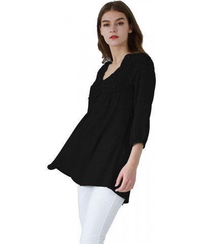 Women Chiffon Lace V Neck 3/4 Sleeve Solid Color Top Blouse Shirts Black $12.75 Tops