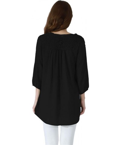 Women Chiffon Lace V Neck 3/4 Sleeve Solid Color Top Blouse Shirts Black $12.75 Tops