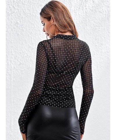 Women's Long Sleeve Glitter See Through Sheer Mesh Tee Shirt Blouse Top Fishnet Black $16.81 Blouses