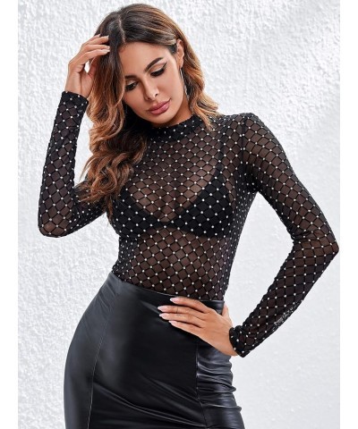 Women's Long Sleeve Glitter See Through Sheer Mesh Tee Shirt Blouse Top Fishnet Black $16.81 Blouses