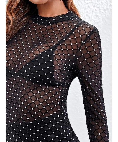 Women's Long Sleeve Glitter See Through Sheer Mesh Tee Shirt Blouse Top Fishnet Black $16.81 Blouses