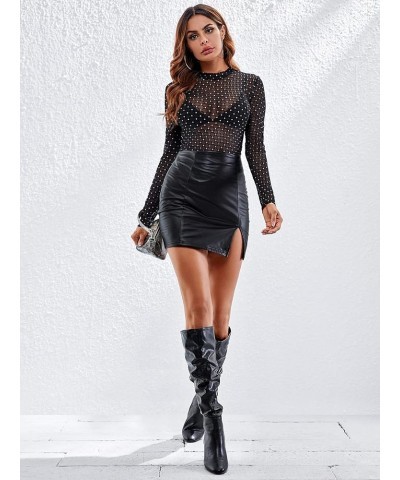 Women's Long Sleeve Glitter See Through Sheer Mesh Tee Shirt Blouse Top Fishnet Black $16.81 Blouses