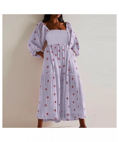 Women's Flower Embroidered Maxi Dress 2023 Fall Fashion Lantern Sleeve Square Neck Tiered Smocked Flowy Sexy Dress Purple $21...