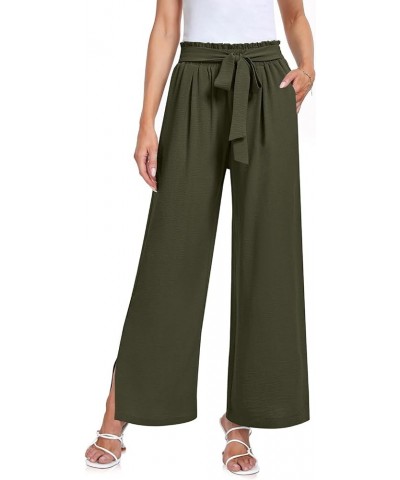 Women's Wide Leg Casual Pants High Waisted Adjustable Tie Knot Business Work Trousers with Pockets Army Green $9.65 Pants