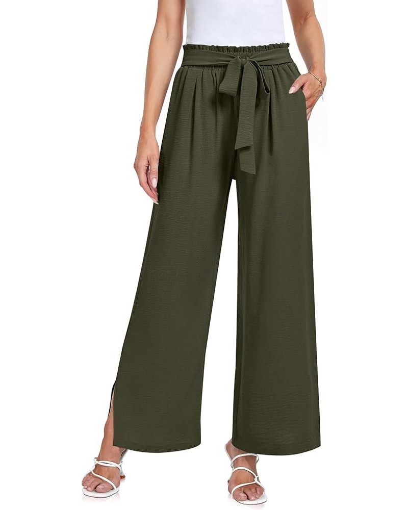 Women's Wide Leg Casual Pants High Waisted Adjustable Tie Knot Business Work Trousers with Pockets Army Green $9.65 Pants