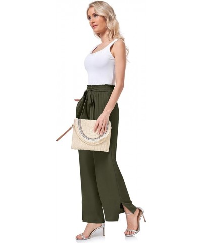 Women's Wide Leg Casual Pants High Waisted Adjustable Tie Knot Business Work Trousers with Pockets Army Green $9.65 Pants