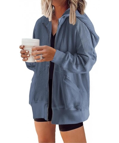 Womens Waffle Knit Jacket Oversized Fall Jacket Zip Up Hoodie With Pocket Shacket Tops Denim Blue $19.35 Jackets