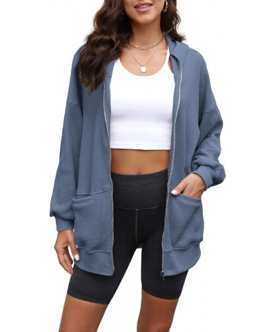 Womens Waffle Knit Jacket Oversized Fall Jacket Zip Up Hoodie With Pocket Shacket Tops Denim Blue $19.35 Jackets